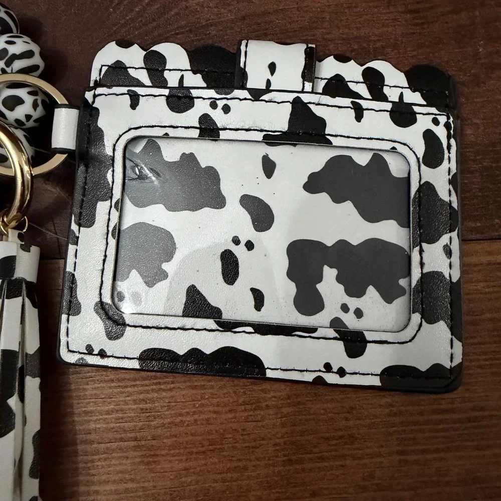 Cow Print Card Holder Wallet with Silicone Bead Wristlet Keychain Tassel Black